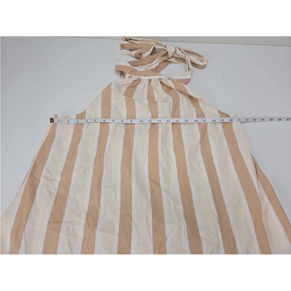 STAUD Marlowe Striped Dress Halter Tie Neck Midi Dress Tan White Size L Womens - Picture 7 of 10